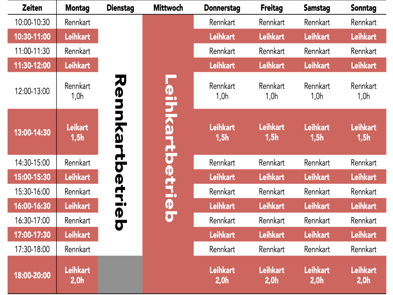 Wochenplan für den Rennkartbetrieb